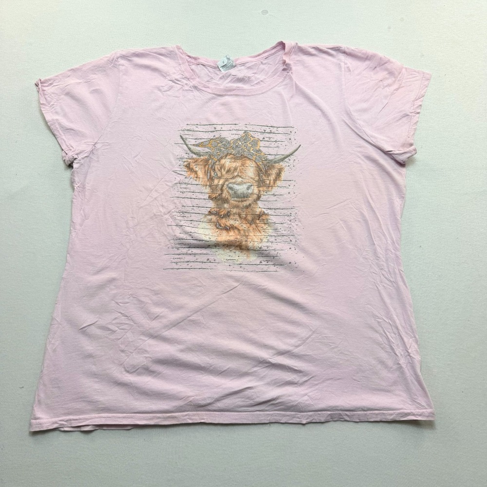 Fruit of the Loom Highland Cow Graphic Tee Women 3XL Pink Excellent Western Boho